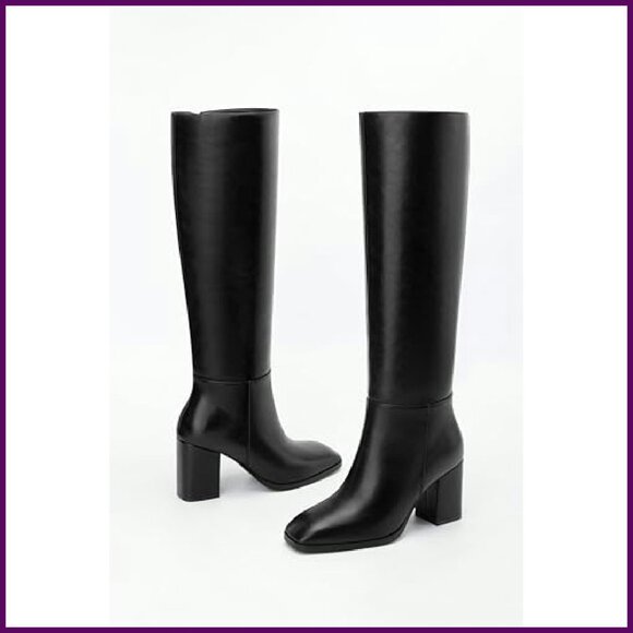 Knee High Boots Chunky Heel Square Toe 3 Inch Side Zipper Tall Boots - Picture 6 of 7